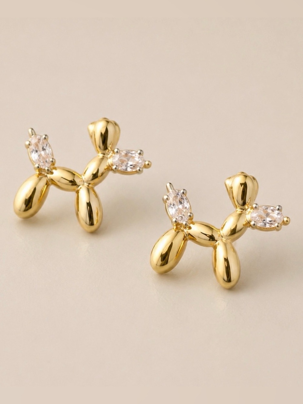 Gold Balloon Dog Stud Earrings with Crystal Accents